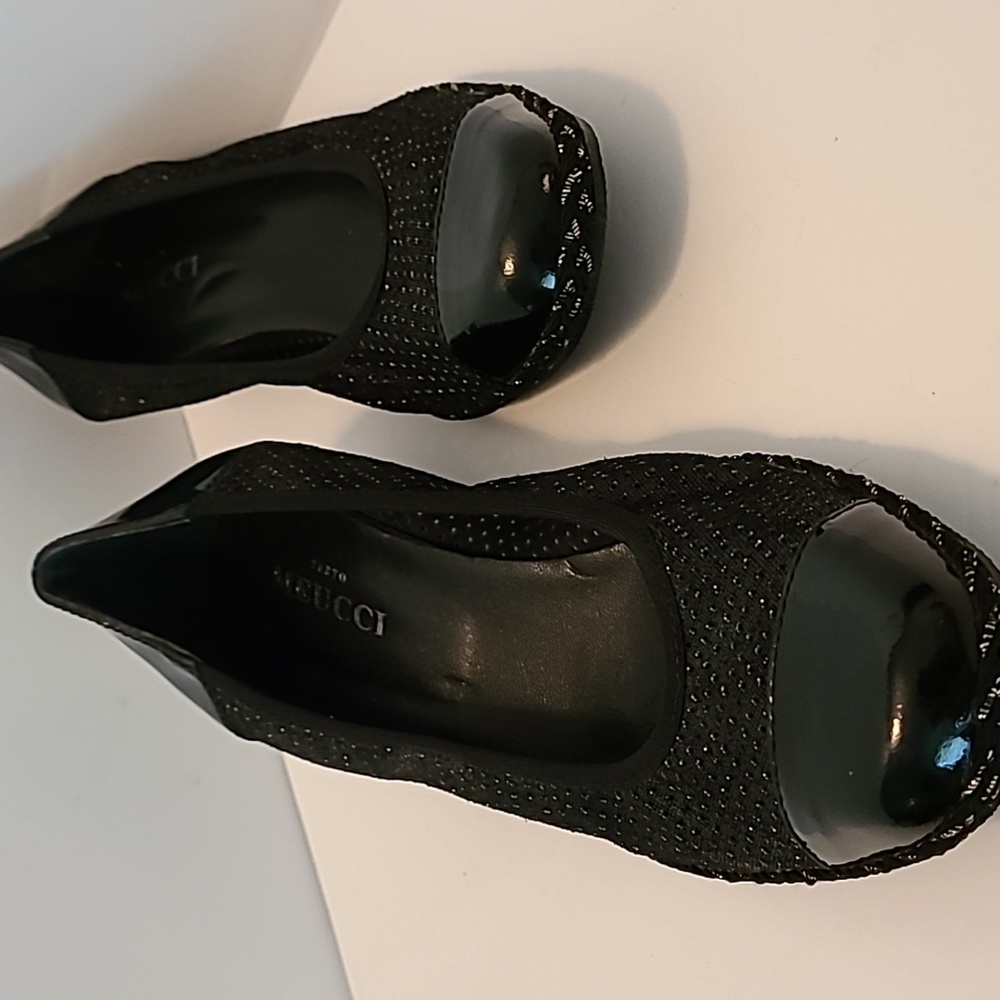 Sesto Meucci Black Laser Cut Leather Ballet Wedge Gold Shimmer Heel Women's 9